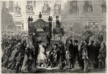 Funerary Cortege under obseques av Gioacchino (Gioachino) Rossini (1799-1868) i Paris. Gravyr i "The Universe illustrious"
