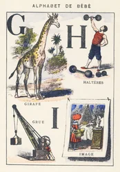 G H I: giraff, trana, hantlar, bild