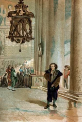 Galileo Galilei dit Galileo (1564 - 1642). observerar svängningen av lampan i katedralen i Pisa. från "The Science and its Men av Louis Figuier"" Barcelona 1881