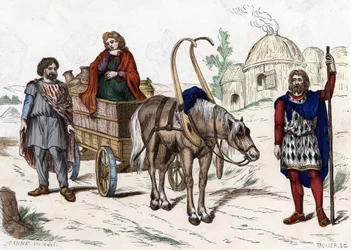 Galliska bostäder, kvinna, bonde, vagn, rik bonde, sele - i "" Civila och militära dräkter av fransmännen i genom århundradena Paris F. Roy 1882 ".