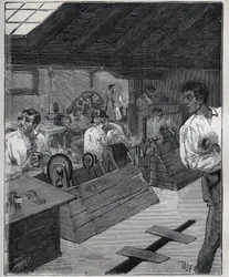Galvanisk förgyllning: skrapa-boessage av guldjuveler med en skrapa-boesse. Gravyr från 1885 i "" Les arts et metiers illustres"" av Adolphe BITARD.