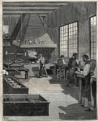 Galvanisk guldsmed: beredning av formar. Gravyr från 1885 i "" Les arts et metiers illustres"" av Adolphe BITARD.