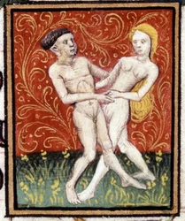 Tvillingarna. Miniatyr av ett horoskop. 1400-talsmanuskript. Bibl. Trivulziana, Milano.