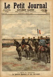 General Felix Gustave (Felix-Gustave) Saussier (1828-1905) och hans stab granskade trupperna vid Vincennes. Gravyr i "" Le petit journal illustrious"" 1891-05-09. Selvas samling.