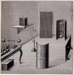 Allmän layout av Heinrich Hertz (1857-1894) experiment på elektriska vågor - i "" Physique populaire" av Emile Desbeaux, Flammarion