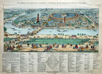 Översikt över världsutställningen 1867 i Paris. Längst ner: parken för militärskolan Champ de Mars. Gravyr Paris, Musee Carnavalet