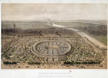 Översikt över världsutställningen 1867 från Trocadero i Paris: Champ de Mars och Ienas bron som korsar Seine. Litografi från 1800-talet. Paris, Musée d