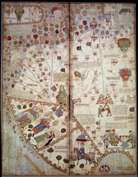 Geografisk karta: Kina, Ganges Valley, Sumatra, Ceylan. Catalan Atlas (katalansk karta) (Spanien). Manuskript från 1375 (Folio 2v - folio 3) av Abraham Cresques. BN, Paris