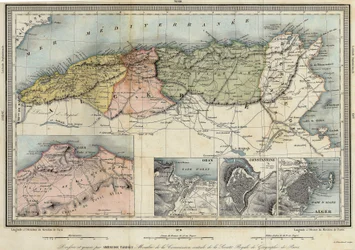Geografisk karta över Algeriet och detaljer om provinserna Alger, Oran och Konstantin, realiserad av Amboise Tardieu