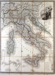 Geografisk karta över Italien år 1850 med gränserna för de olika stater som utgjorde landet före Risorgimento.