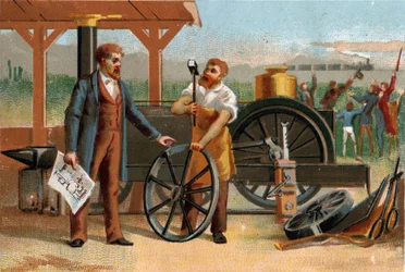 George Stephenson (1781-1848) representerade med en av sina uppfinningar: loket. Sen kromolitografi av 1800-talet.