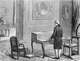 Georges Lesage, uppfinnare av den första elektroniska telegrafen framför en prototyp. 1774. Gravyr 1800-talet.