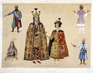 Georgisk kostymtavla på 1500- och 1600-talen: kung Irakli (1744 - 1798), Gheorghi X (1687), prinsessan Chartchevadze (georgiens ambassadör till St. Petersburg under Katarina II 1780), drottning Mary (dotter till Dadian av Mingrelie med henne) son Otthia 1