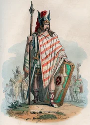 Germain chef (de tyska barbarerna). Gravyr från 1868 i "Histoire de Belgique från primitiv tid till slutet av Leopold I:s rege"" av Theodore Juste (1818-1888). Privat samling.