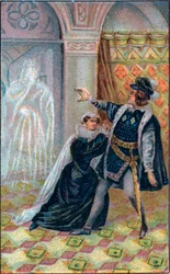 Gertrude, Hamlet och Hamlets fars vålnad. I William Shakespeares ”Hamlet”. Kromolitografi från slutet av 1800-talet.