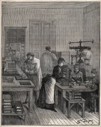 Förgyllning av böcker (omslag) i järn i en verkstad i Frankrike på 1800-talet. Gravyr från 1885 i "" Les arts et metiers illustres"" av Adolphe BITARD.