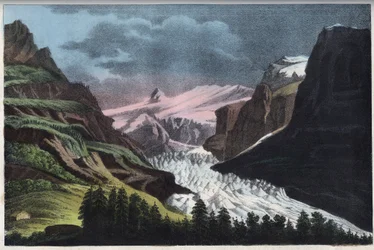Grindelwaldglaciären i Schweiz på 1800-talet - gravyr ur "Usi e Costumi di Tutti i Popoli dell