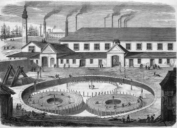 Glas Eiliot elkabelfabrik i Greenwich. Lindning av kabeln i bassängerna innan transport på fartyget "" leviathanen"". Gravyr från 1865.
