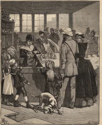 Glaskonst: turister som köper en pärla blåst i en glasfabrik i Venedig, Italien. Gravyr från 1885 i "" Les arts et metiers illustres"" av Adolphe BITARD.