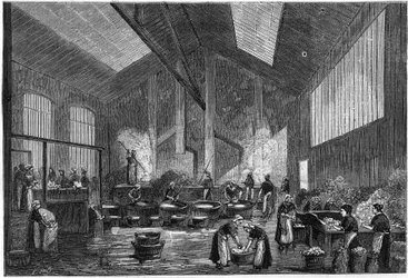 Glassorteringsverkstad, rue de Crimee i Paris. Gravyr i "" Nature: granskning av vetenskaperna och deras tillämpningar på konst och industri "" av 18 juli 1891.