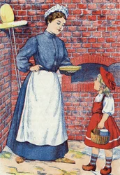 Gå och ta den där kakan och den där grytan med smör till din mormor. Anonym illustration till "Rödluvan", berättelse av Charles Perrault (1628-1703), fransk författare. Bildmaterial Marcel Vagne, Jarville Nancy, odaterat (slutet av 1800-talet).