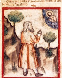 Gud ber Jakob att gå till Betel och bygga ett miniatyraltare från codex 212 (eller padovano codice eller Bible of Padua) 1390-1400 Rovigo, Accademia dei Concordi
