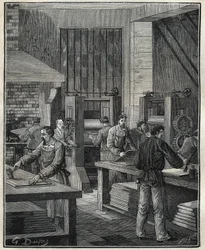 Guldsmed: förberedelse av plåten, förberedelse av metallen för utförande av ett speciellt silverföremål. Gravyr från 1885 i "" Les arts et metiers illustres"" av Adolphe BITARD.
