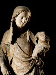 Gotisk konst: "" Virgin and Child"" Detalj. Träskulptur. 1300-talets Paris, Louvren