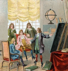 Gottfried Wilhelm Leibniz (1646-1716), tysk filosof och matematiker; demonstrerar sina teorier om differentialberäkning. Kromolitografi, sent 1800-tal.