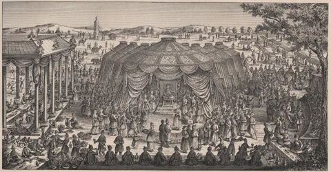 Stor bankett ges av Tamerlan (1336-1405) (eller Timur Lang, "Timur den lame") på slätten Khani Gheul för att fira hans barnbarns bröllop - Gravyr från 1800-talet