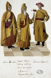 Grand Lama och Lama Lao-Tseu (?) besöker domstolen i Peking - gravyr