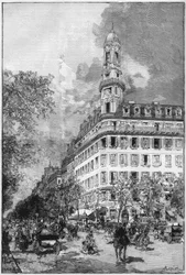 Stora boulevarder och Haussmannbyggnader i Paris: Hotel de la Compagnie ""La New York"" boulevard des Italiens. Gravyr i ""The Illustrious World""