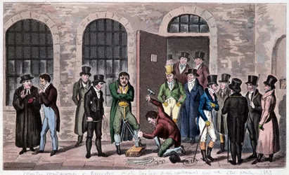 Storbritanniens fängelse: En dödsdom är knuten till Newgate-fängelset i London (omtalas ofta i Charles Dickens romaner). Gravyr omkring 1823. Bilbiotek för dekorativ konst.
