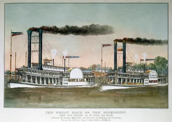 Great Steamboat Race på Mississippifloden, från New Orleans till Saint Louis (tryck från 1800-talet)