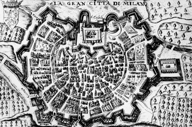 Stora staden Milano, gravyr av kartan över Milano, Italien