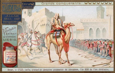 Stora erövrare: Omar ibn al Khattab eller Omar I (554-644), 2:a kalifen av islam, som personligen tar Jerusalem i besittning (Israel), 638 - Liebig-kromolitografi