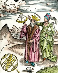Den grekiske astronomen Claude Ptolemaeus (Claudius Ptolemaeus) (cirka 90-omkring 168 e.Kr.) med hjälp av en sextant och astronomi. Gravyr från 1503. Privat samling