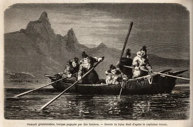 Grönland Umyak, typ av båt som drivs av kvinnor. Gravyr för att illustrera resan till den arktiska polens fria hav, av doktor Hayes, kirurg vid den amerikanska flottan, 1860-1862, publicerad i "Le tour du monde, nouveau journal des voyages", redigerad b