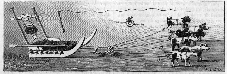 Grönlandsutställning på Geography Society, Paris: slädemodell tillverkad av eskimåer. Gravyr i "" Nature: granskning av vetenskaperna och deras tillämpningar på konst och industri "" av 16 februari 1889.