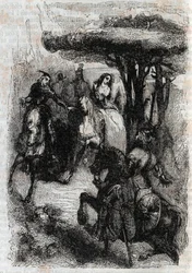 Griffon möter Origille - gravyr från 1851 från "" Furious Roland"" (Orlando furioso) (1500-talet) av Ludovico Ariosto, känd som Ariosto - Edition översatt från italienska av greven av Tressan och publicerad av Gustave Harvard 1851
