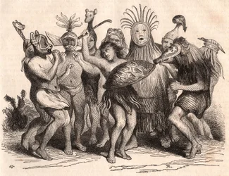 Grupp brasilianska vildar som dansar med kostymer, masker och traditionella huvudbonader