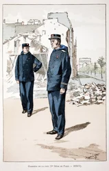 Guardians of Peace (första sätet i Paris 1870-1871). Etsning i färger, för illustration "" History of the Corps of Peacekeepers""" bok publicerad under beskydd av Louis Lepine (1846-1933), prefekt för polisen på Seine, av Alfred Rey (1864-?
