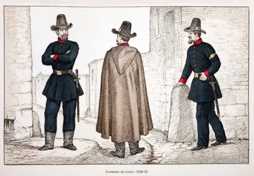 Fredens väktare (1848-1849). Etsning i färger, för illustration "" History of the Corps of Peacekeepers""" bok publicerad under beskydd av Louis Lepine (1846-1933), prefekt för polisen på Seine, av Alfred Rey (1864-?) och Louis Feron