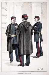 Fredens väktare (1871-1873). Etsning i färger, för illustration "" History of the Corps of Peacekeepers""" bok publicerad under beskydd av Louis Lepine (1846-1933), prefekt för polisen vid Seine, av Alfred Rey (1864-?) och Louis Feron