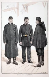 Fredens väktare (1873-1894). Etsning i färger, för illustration "" History of the Corps of Peacekeepers""" bok publicerad under beskydd av Louis Lepine (1846-1933), prefekt för polisen vid Seine, av Alfred Rey (1864-?) och Louis Feron
