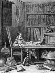 Guillaume Gilbert (1540 - 1603) skriver sin avhandling "De arte magnetica"" omkring 1600. Gravyr 1800-talet
