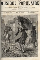 Guillaume Joseph Rousselle (Roussel), känd som Cadet Rousselle (1743-1807), fransk fogde, under regnet i en rue de Paris. gravyr i "Populär musik"" Illustrerad veckotidning - 1881