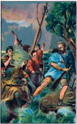 Guillaume Tell (William Tell) (legendariska hjältar från den schweiziska självständigheten) flyr från Gesslers båt. Kromolitografi från slutet av 1800-talet.