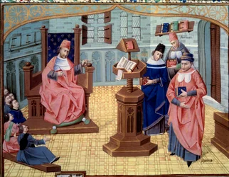 Kille från Chirugian Chauliac lärare. Till höger om honom 6 lyssnare och till vänster 3 karaktärer som sammanfattar medicinens historia: Claude Galien (131-201), grekisk doktor i antikviteten, Abu Ali al-Husayn ibn 