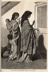 Zigenska kvinnor och barn, i trasor eller halvnakna, frågar efter dörr till dörr almon i Essek (Donaubassängen). Gravyr för att illustrera minnen av resor bland södra slaver, av Georges Perrot, 1868, publicerad i "" Le tour du monde"" 1870-1871, redigera